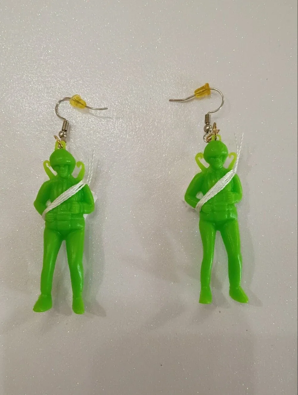 Green Parachute Soldier Kids Earrings - Fun Novelty Accessory